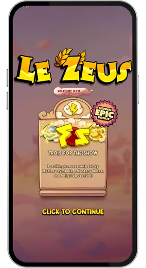 Startscherm van Le Zeus slot met hoofdmenu en spelopties