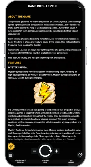 Game information screen with bonus explanation and paytable