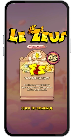 Start screen of the Le Zeus slot with the main menu and game options